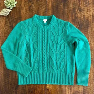 J. Crew Factory | Green Crewneck Wool Blend Cable-Knit Sweater